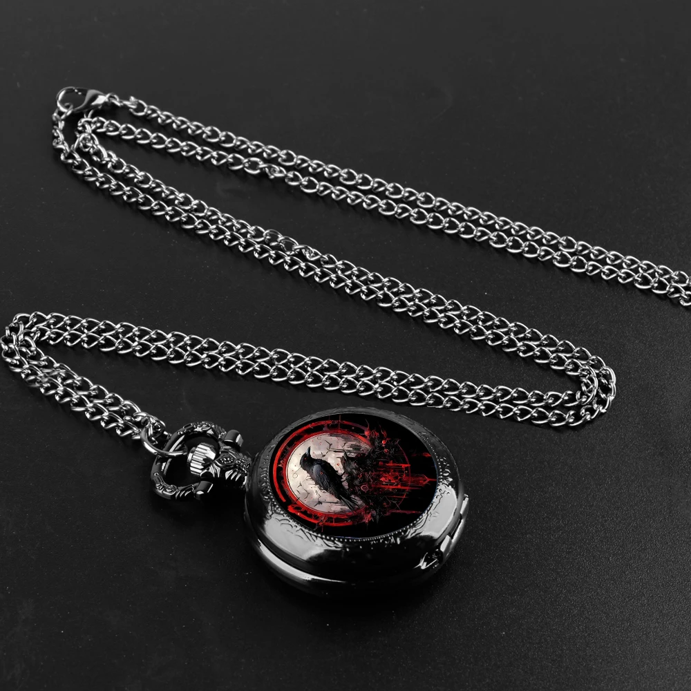 Creative Retro Crow Bird Quartz Pocket Watch for Women Men Black Necklace, Unique Pendant Clock Chain Watch Gift Accessories