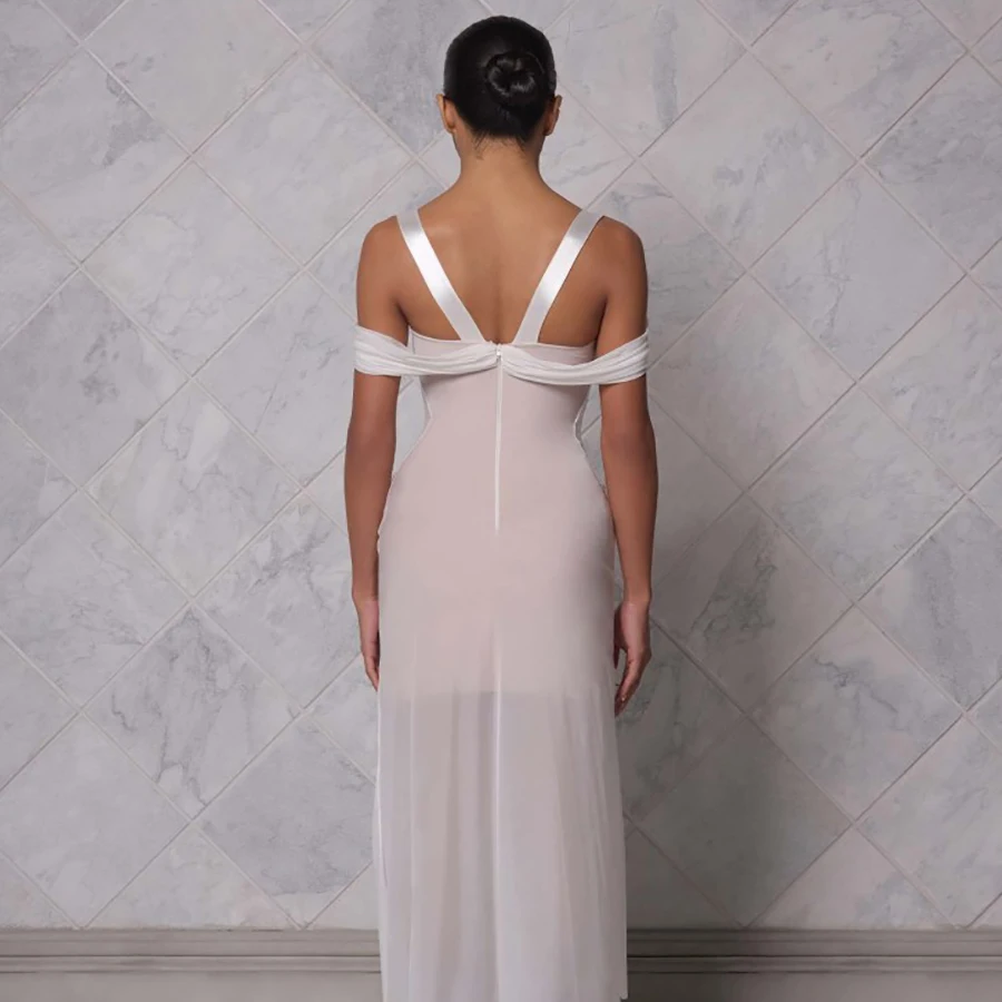 Sexy dames hoge kwaliteit retro one-line schouder met blote schouders lichte luxe satijnen lange jurk elegante avondfeestjurk