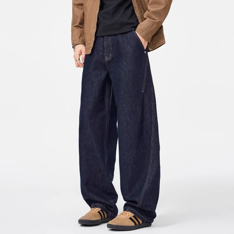 Men Raw Dark Wash Baggy Jeans Contrast Stitch Wide Leg Curved Cut Denim Pants Vintage Straight Loose Casual Street Trousers