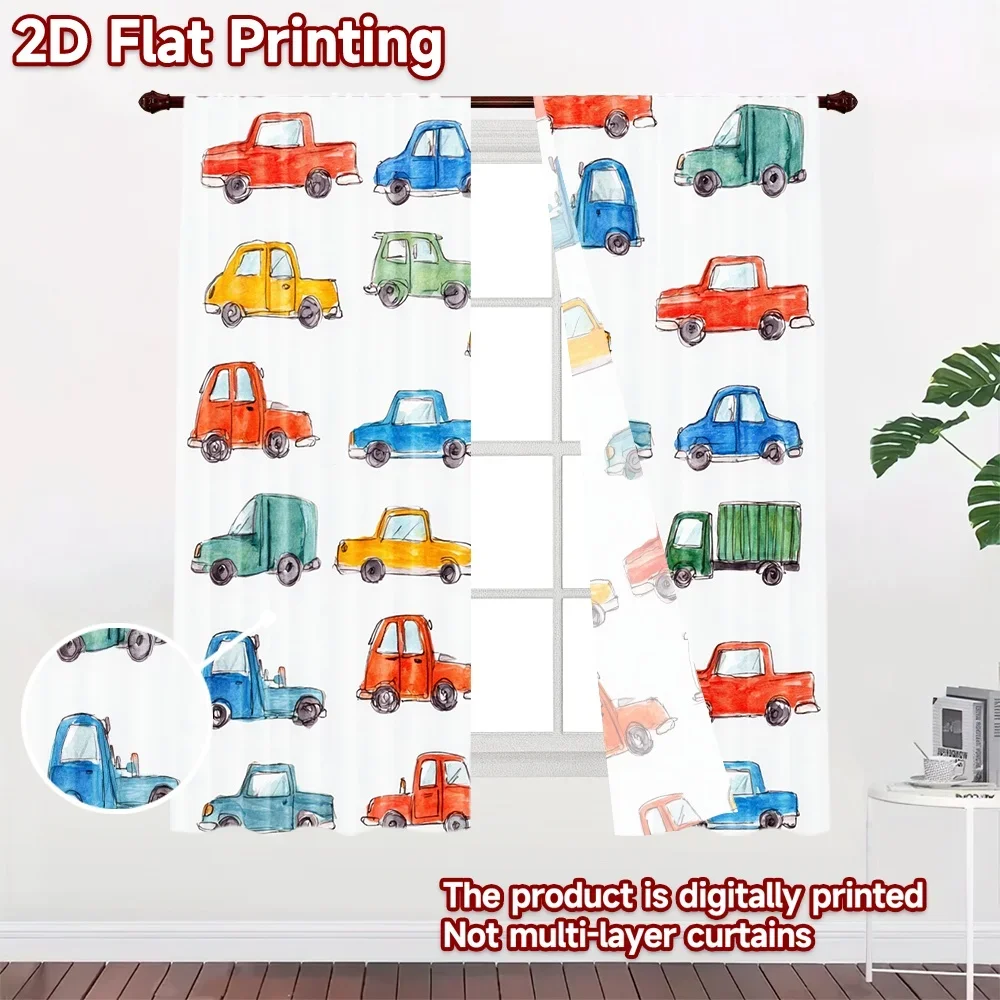 Cute Truck Print Curtains Pair for Kids Nursery Room Decor Cartoon Construction Vehicle Window Curtains 2pcs