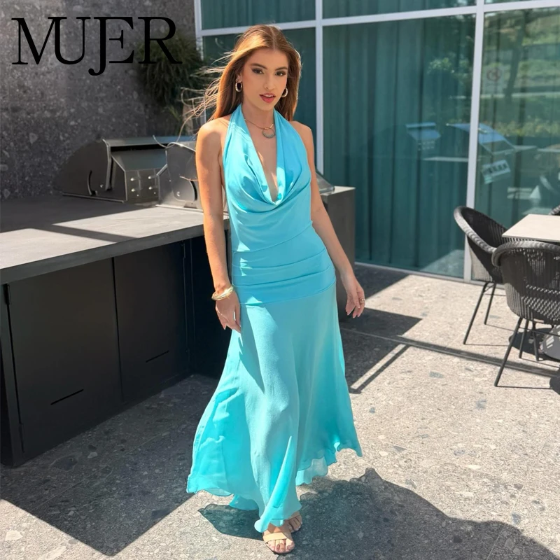 MUJER Plissierte Neckholder-Langkleider für Damen, schulterfreies, rückenfreies Kleid, ärmellose Midikleider für Damen, asymmetrische Kleider
