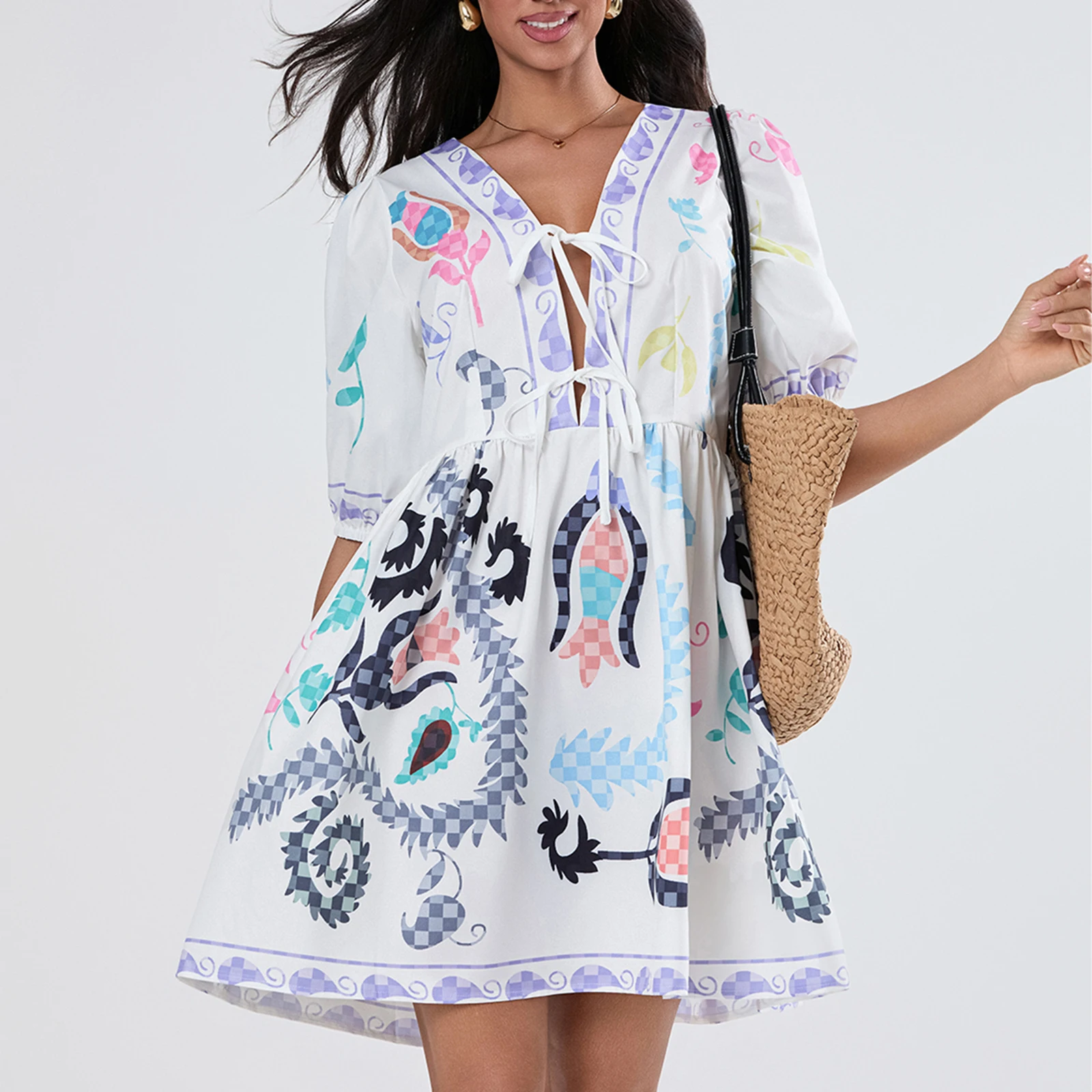 Women's Summer Beach Style A-Line Dress Floral Print Short Puff Sleeve Tie Front V-Neck Babydoll Dress