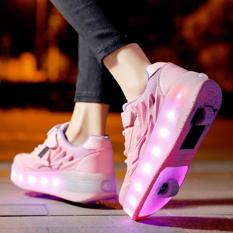 Patines de 2 ruedas recargables con luz Led para niños y niñas, zapatos de patinaje al aire libre, zapatillas de patinaje desmontables, regalo blanco deslizante de 2 filas