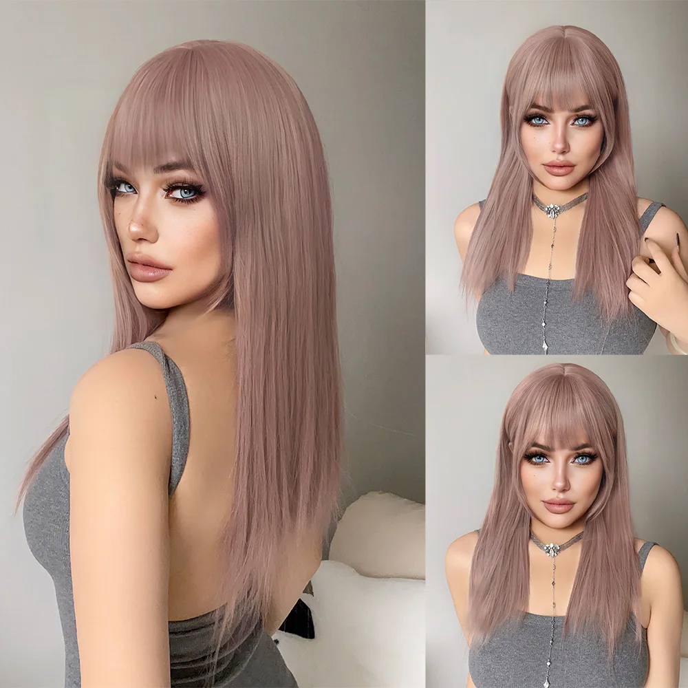 Perucas sintéticas com estrondo para mulheres, cabelo liso natural comprido, resistente ao calor, drag queen, cor roxa e rosa, peruca cosplay, 20 polegadas