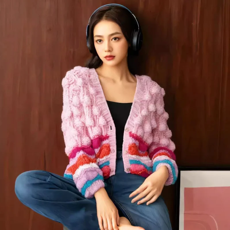 

New sweet style chunky knit hand-crafted heavy-duty color-blocked knitted cardigan sweater