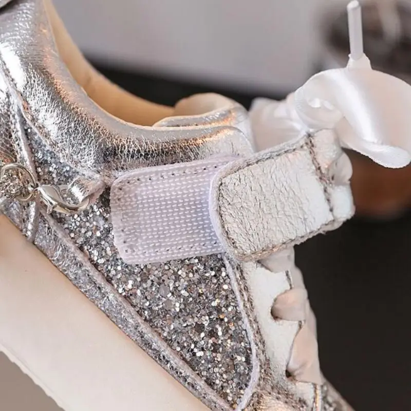 2024 Autumn New Children\'s Silver sequined Big Head Thick soled Board Shoes Boys Girls Students Gold Casual Shoes Single Shoes