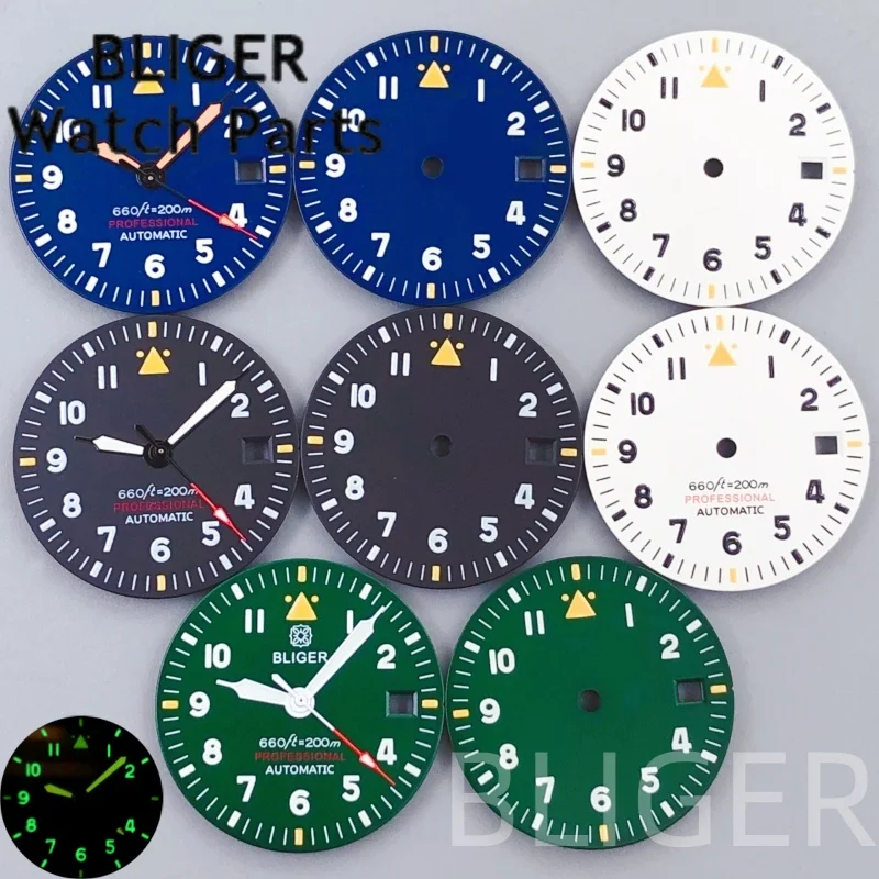 BLIGER 29 мм NH34 NH35 NH36 ETA2824 PT5000 Черный Белый Зеленый Синий Стерильные Пилотные Часы Циферблат Стрелки Светящиеся Часы Мод Аксессуары