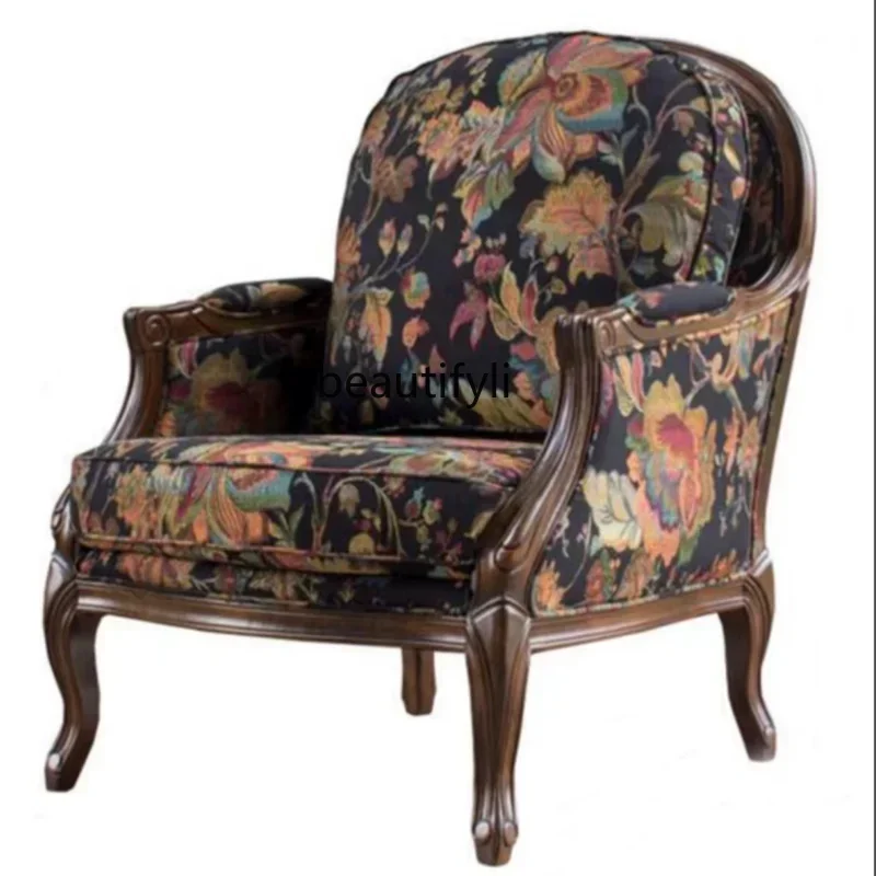 

American-Style Solid Wood Fabric Embroidered Single Sofa Hotel Reception Living Room Bedroom Casual Retro Wingback Chair