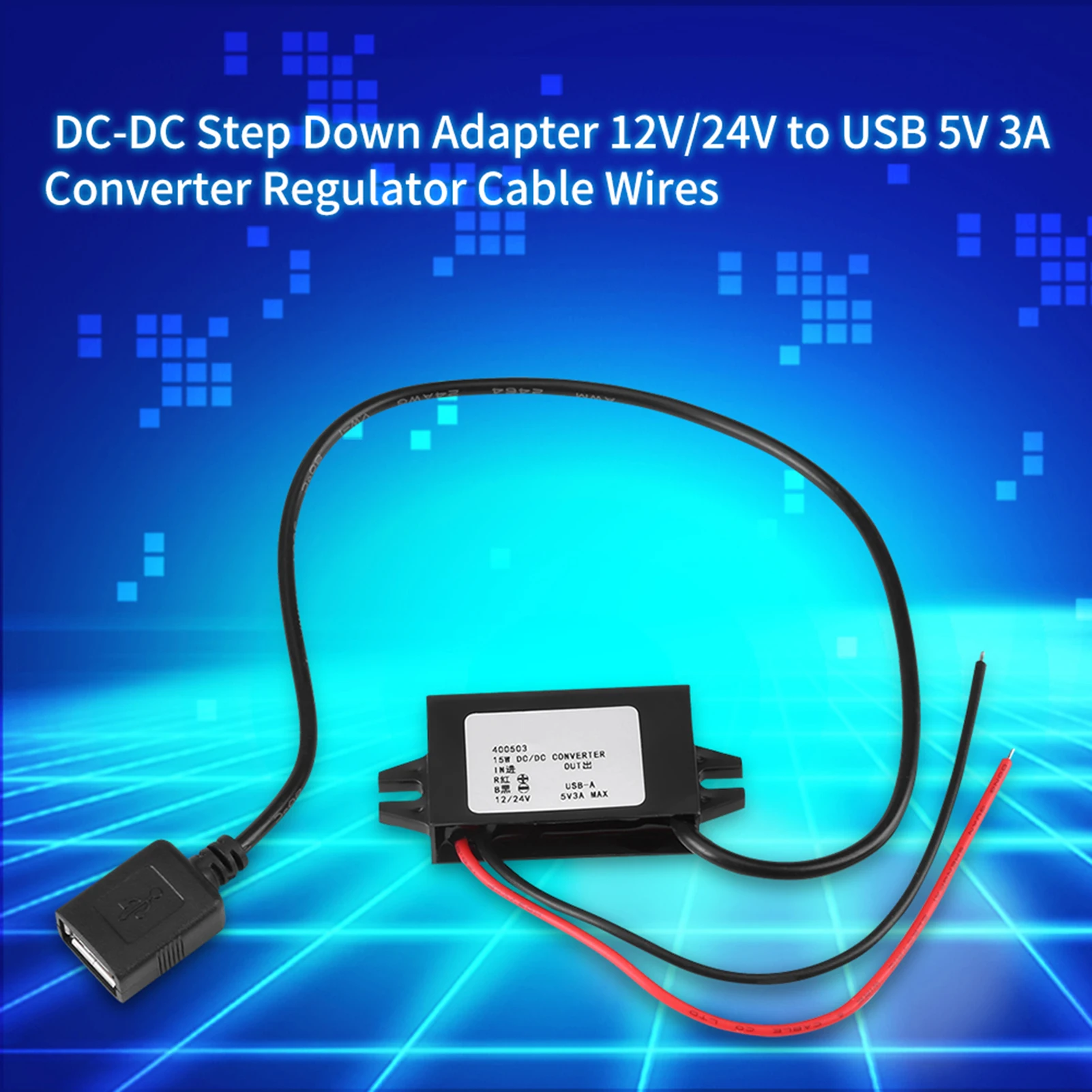 

DC-DC Buck Adapter 12V/24V to USB 5V 3A Converter Regulator Cable Wires DC-DC Converter Regulator DC DC Converter Step Down