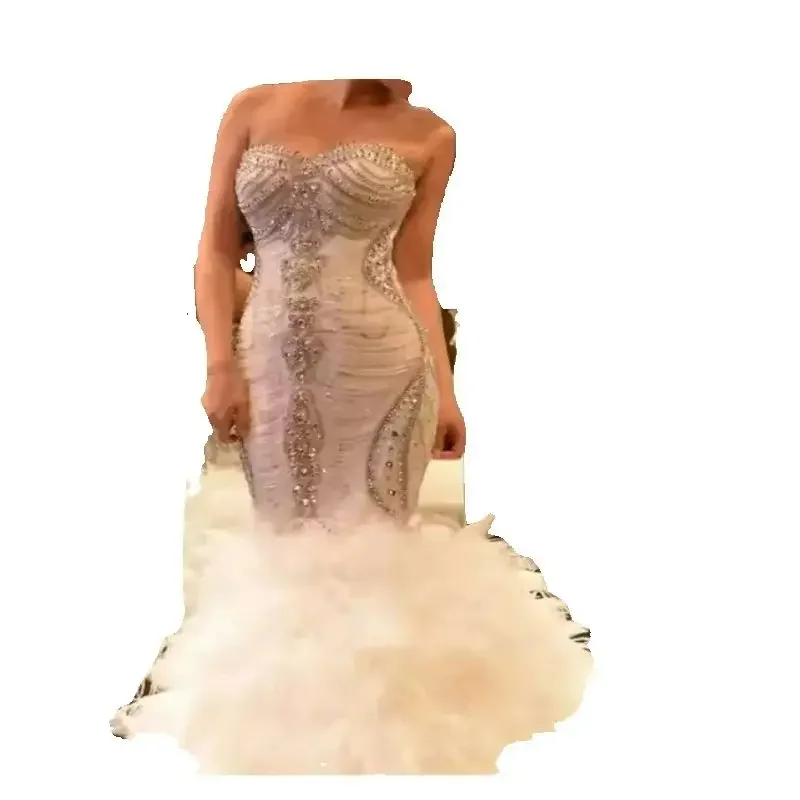 Customized Sweetheart Shinny Crystals Beads Mermaid Wedding Dress Vestidos De Novia Backless Tiers Tulle Bridal Gowns