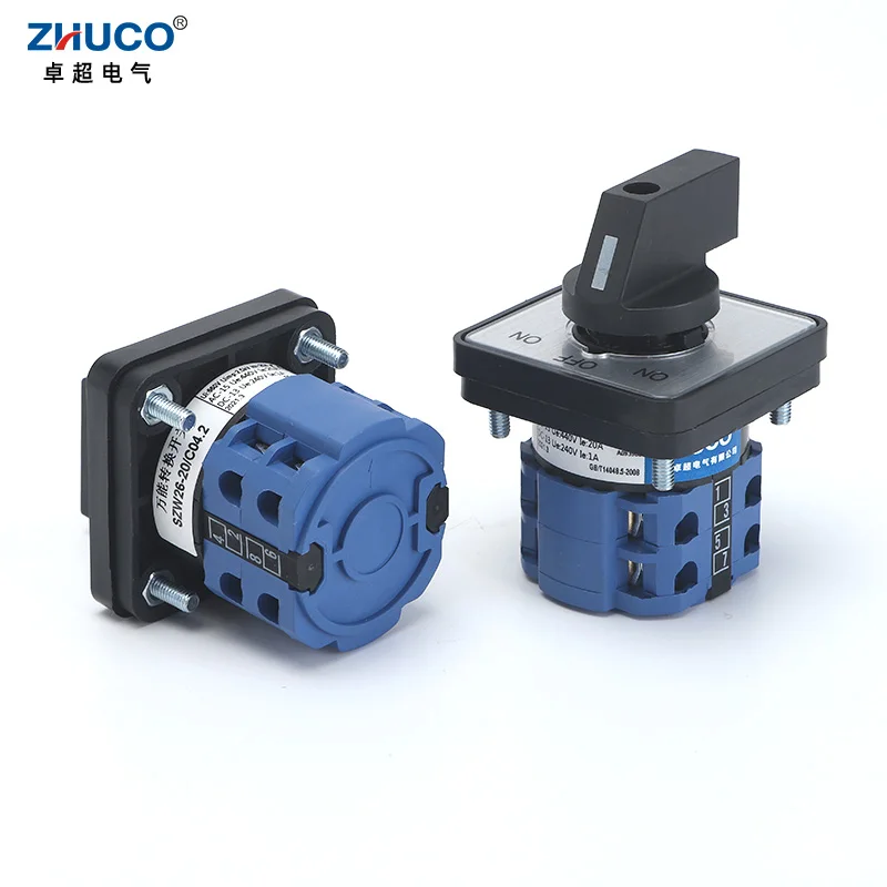 ZHUCO SZW26/LW26-20 20A 660V 64X64/48X48 mm Panel Mount 2 Phase 8 Screws Terminals Knob Selector Cam Rotary Changeover Switch