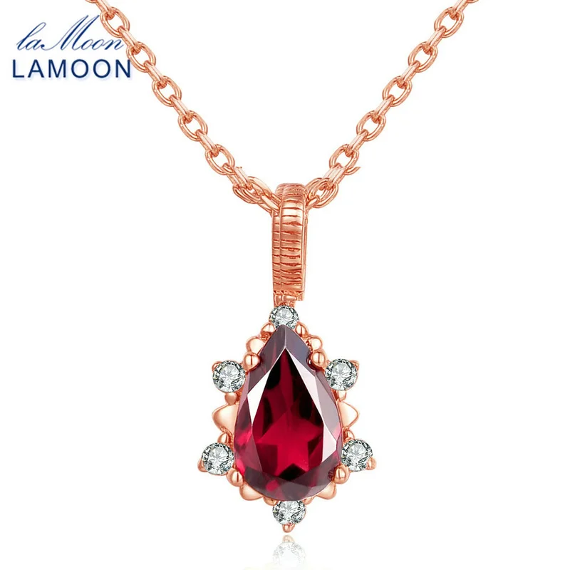 LAMOON 925 Sterling Silver Necklace Teardrop Garnet Pyrope Gemstone Pendant Necklace 18K Rose Gold Plated Fine Jewelry LMNI024