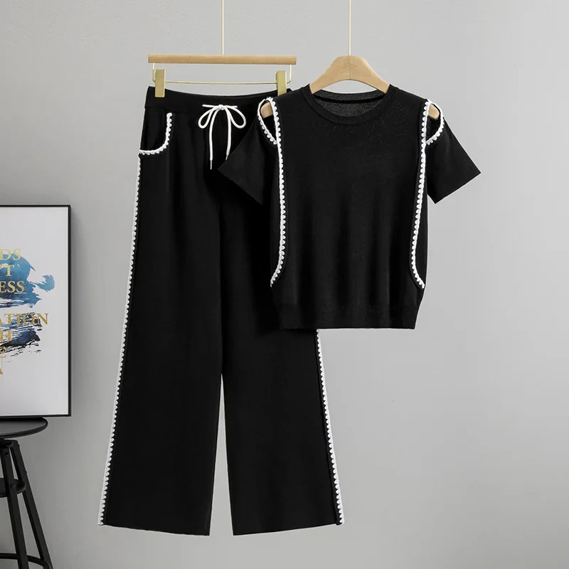 

Korean Knit Short Sleeve Set Women O-neck Off Shoulder Loose Causal T-shirts Tops Conjuntos High Waist Straight Pant Outfit B676