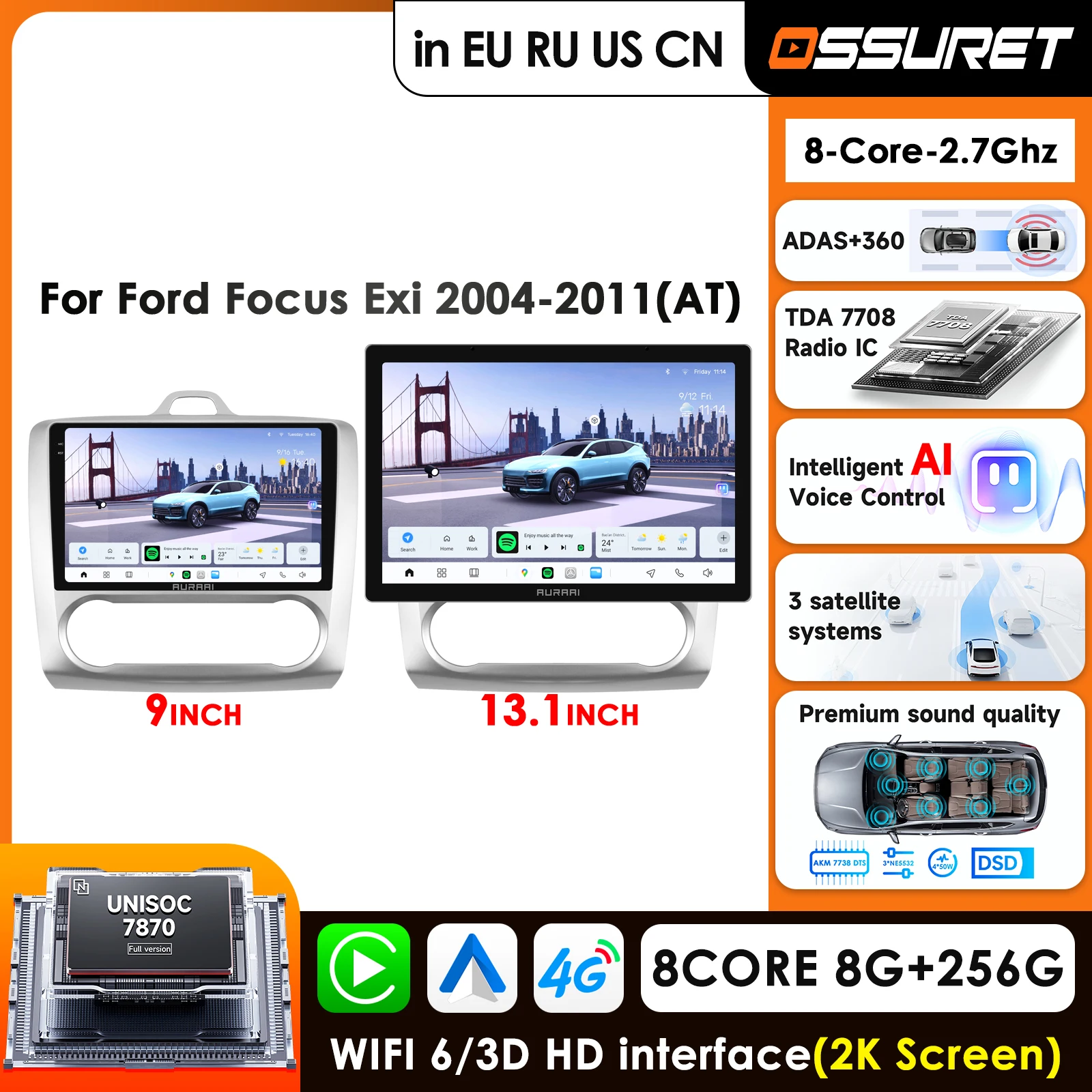 

9 Inch Carplay Android Car Radio for Ford Focus 2 Mk2 2004 - 2011 Auto AC Multimedia Video Player GPS QLED 2K Screen 3D Display