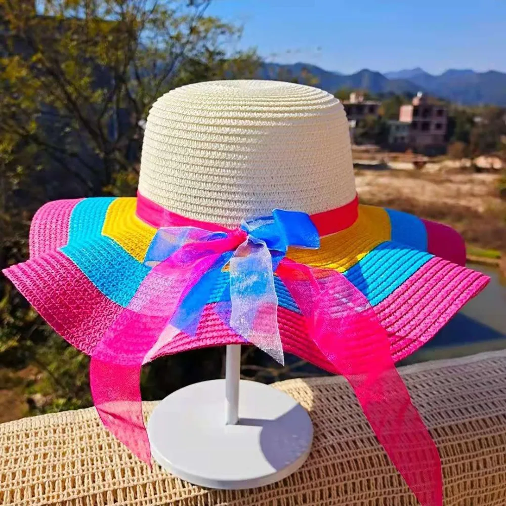 Foldable Rainbow Striped With Wire Edge Big Brim Straw Hats Beach Hats Summer Hats Sunshade