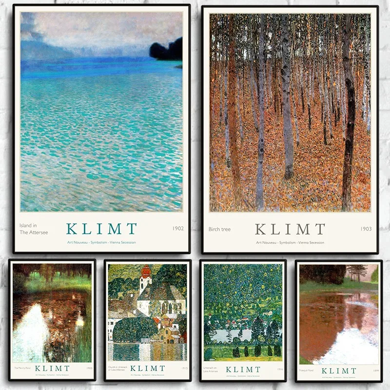 Gustav Klimt Art Print Exhibition Poster Farmhouse Birch Tree Pond Landscape Canvas Painting Wall Art for Living Room Home Decor