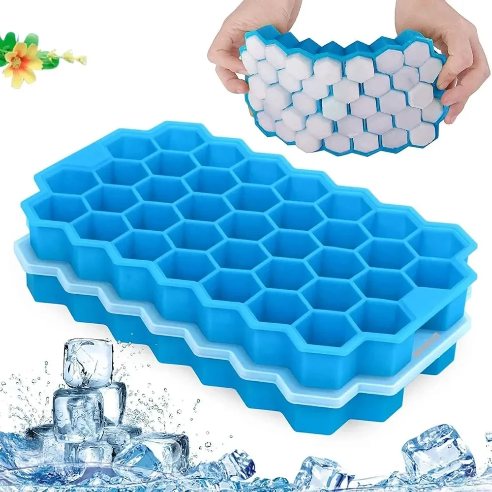 Eiswürfel schalen mit Deckel, 2er-Pack 74 Eiswürfel Kieselgel flexibel, Eiswürfel formen für gekühlte Getränke, Whisky und Cocktails