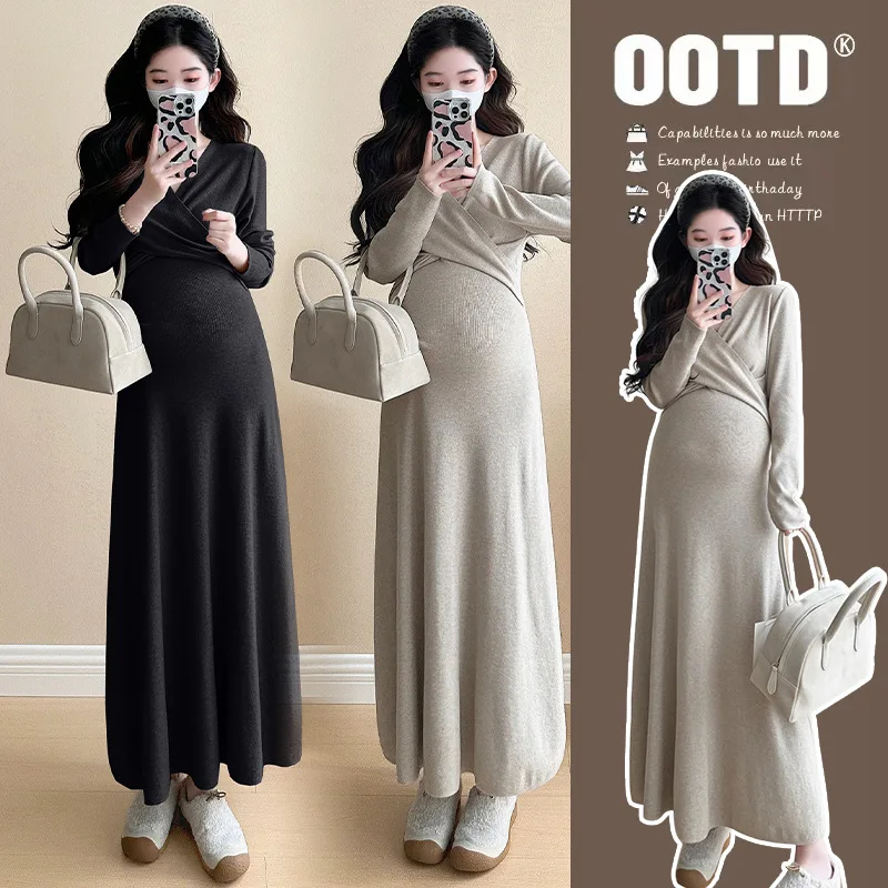 

Trendy Luxury Maternity Dress Winter V-Neck Knit Sweater Dress Slim Fit Elegant Pregnancy Outfit Soft Comfortable Warm