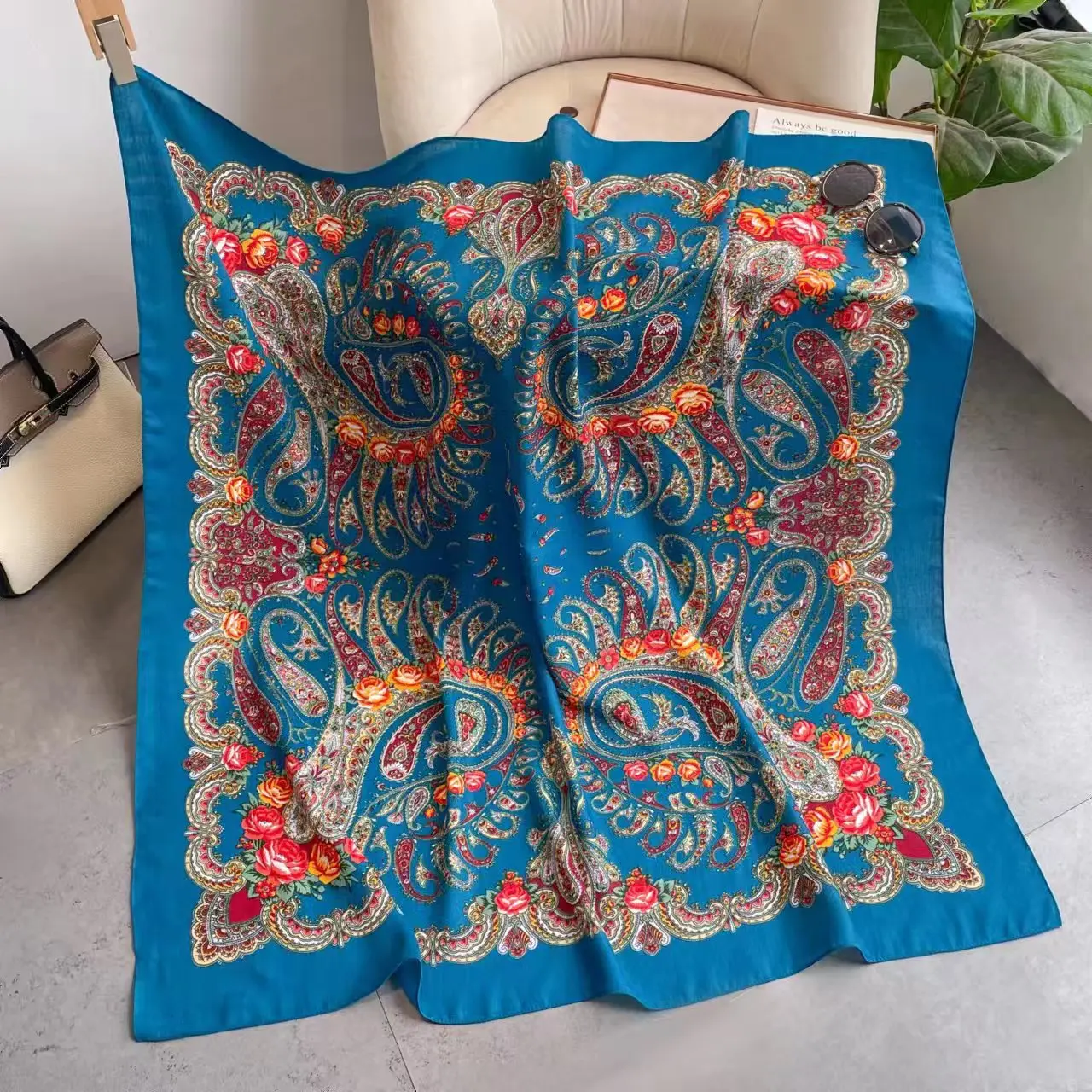 110*110CM Russian Scarf Women Luxury Floral Print Square Bandana Ukrainian Ethnic Shawl Big Size Handkerchief Wraps