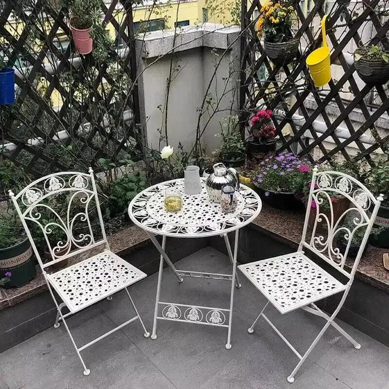 Table Balcony Furniture Sets Folding Iron Chair Nordic patio furniture Outdoor Lounge Table Chair Three-piece Garden Set c