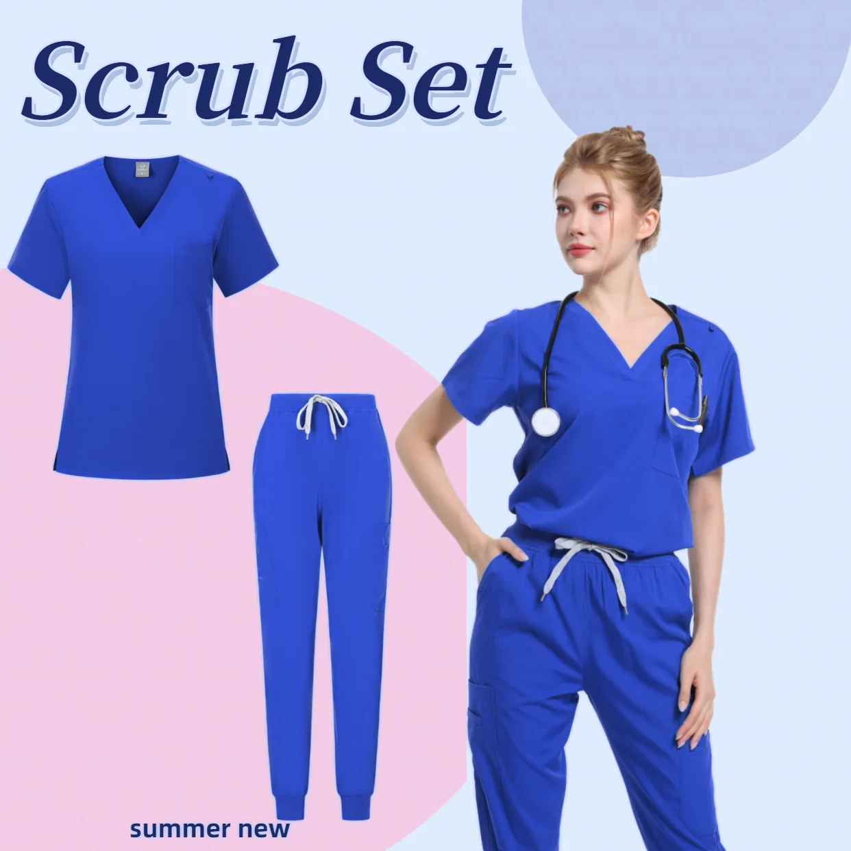 

Medical Uniform Nurse Women Scrubs Tops Short Sleeve Pocket Workers Working Uniform Pullovers Nursing Workers Scrubs Accessories