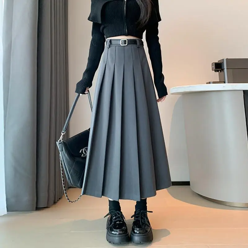 Semi Rok Vrouwen Herfst Winter Verdikte Hoge Taille Slanke Wollen Plooirok Riem Stijl Plus Size Veelzijdige Vintage Midi Rok