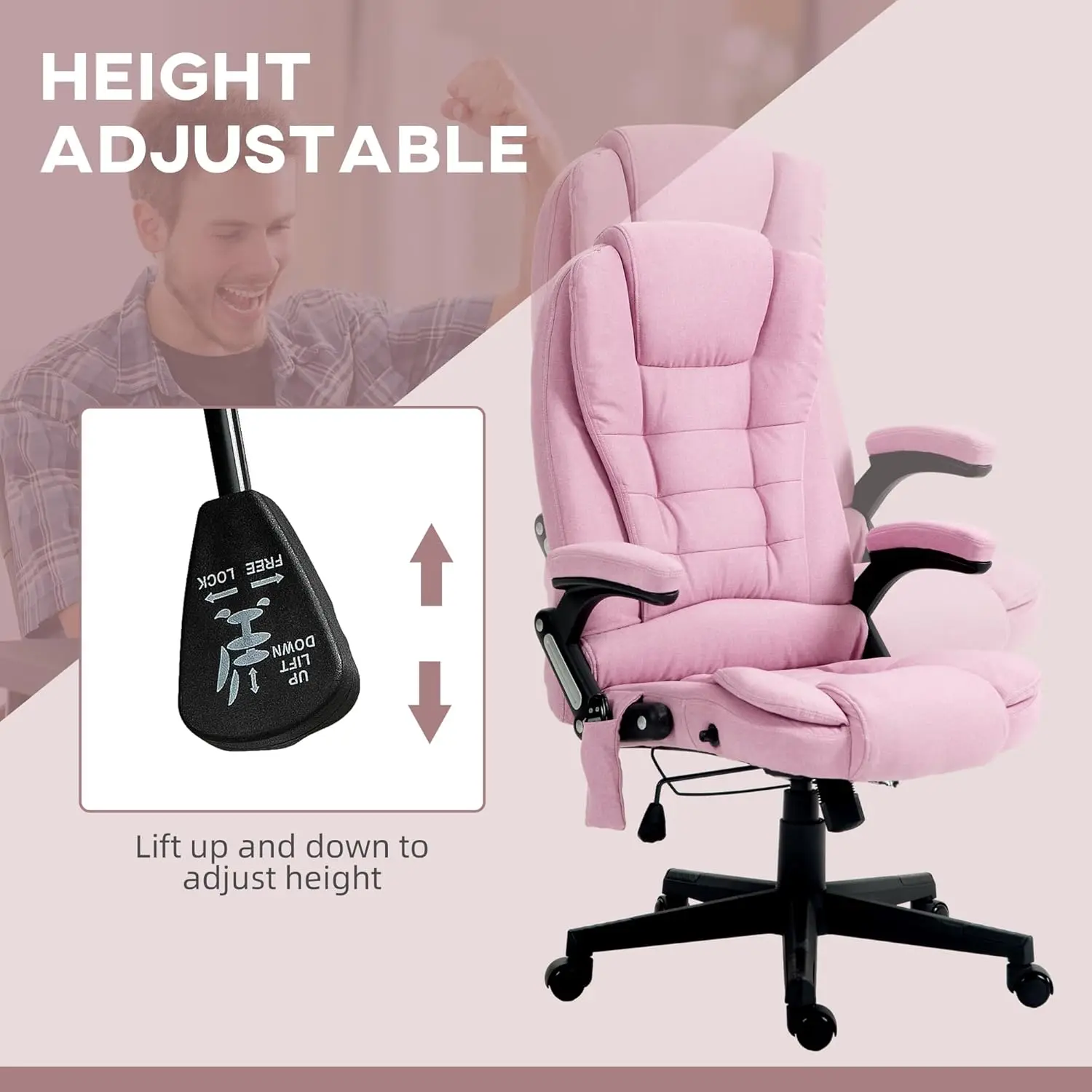 6-Point Vibrating Massage Office Chair with Heat, Reclining High Back Executive Chair, Padded Armrests & Remote, Pink