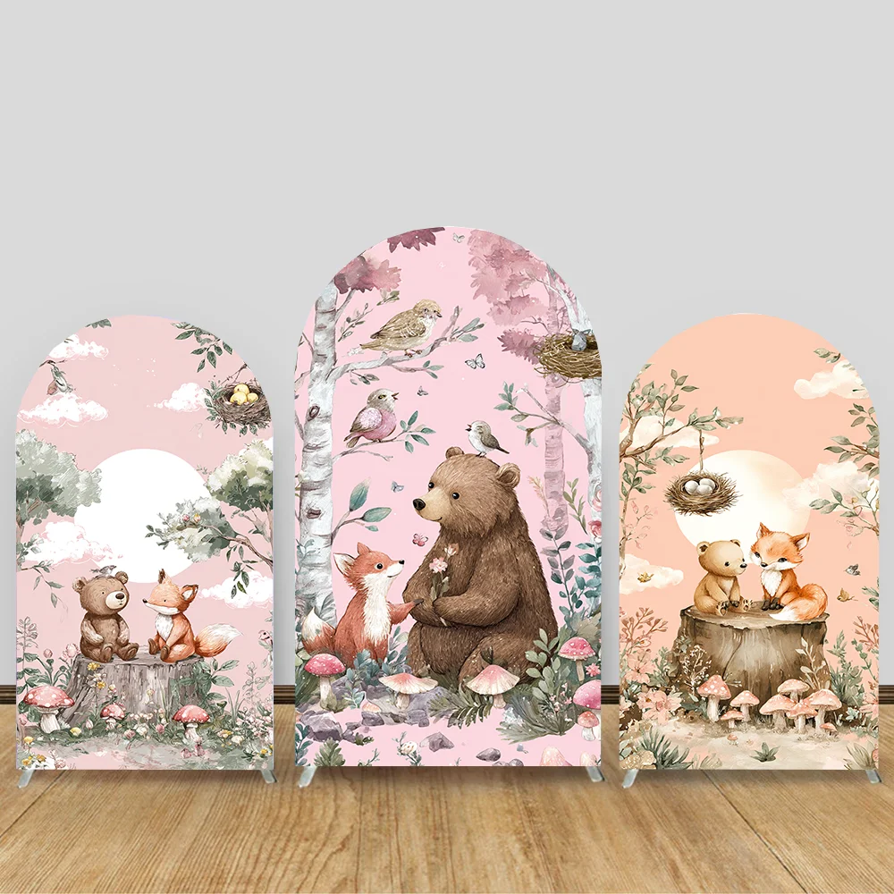

2-sided Arch Backdrop Cute Fox Bear Animal Fairytales Cover for Baby Shower Birthday Party Fabric Photo Background Decoration