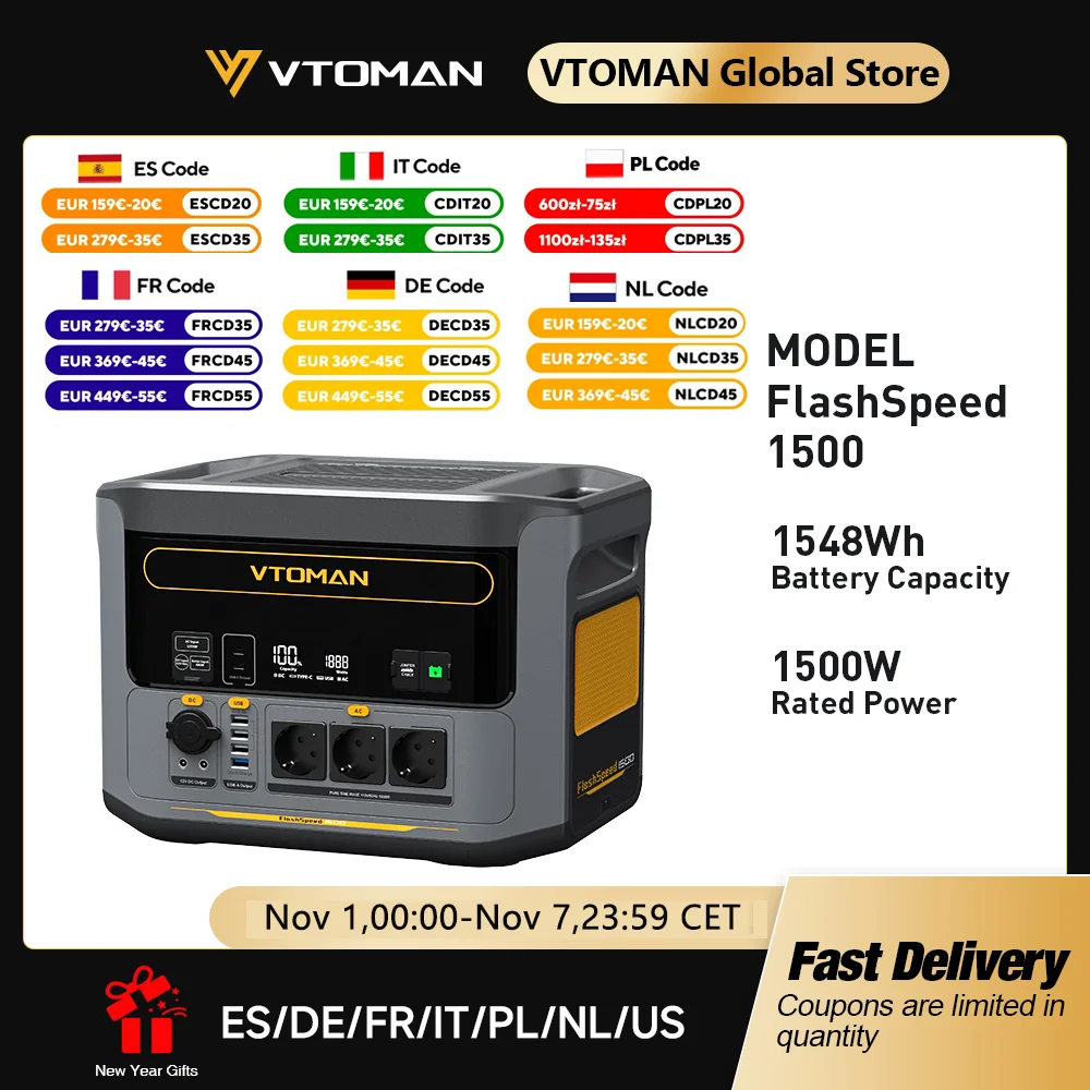 VTOMAN FlashSpeed 1500 Portable Power Station 1548Wh LiFePO4 Battery with 3000W Peak for Outdoor Camping RV Home Energy Power