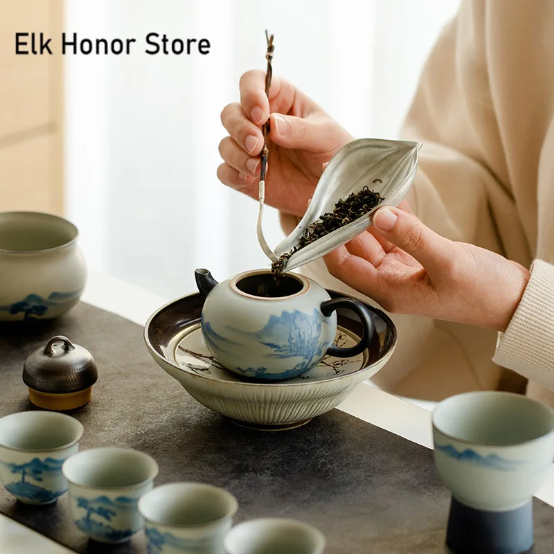 150ml Pure Hand-painted Landscape Ceramic Teapot Retro Matte Glaze Pot with Ball Hole Filter Chinese Tea Brewing Kettle Teawre