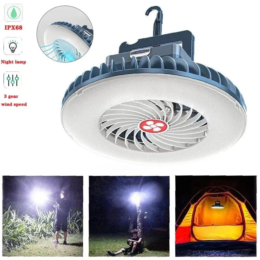 LED Portable Multifunction Fan Camping Light Outdoor Hanging Tent Lamp Waterproof Flashlight Rechargeable Emergency Lantern