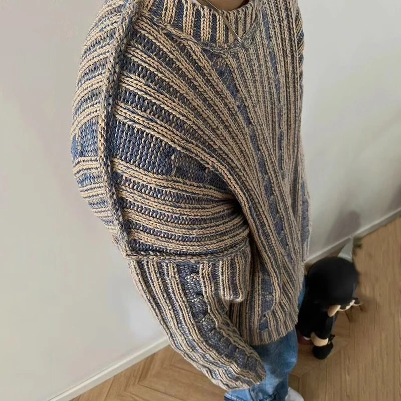 스트라이프 크로셰 니트 스웨터 남성 가을 겨울 크루넥 풀오버 니트웨어 스트리트웨어 트렌디 패셔너블 스웨터 남성용 저지