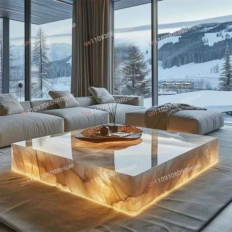 Square Ice Crack Agate Luminous Coffee Table Coffee Table Bar Bar Restaurant 48 Inch 1200mm Backlight Translucent Furniture