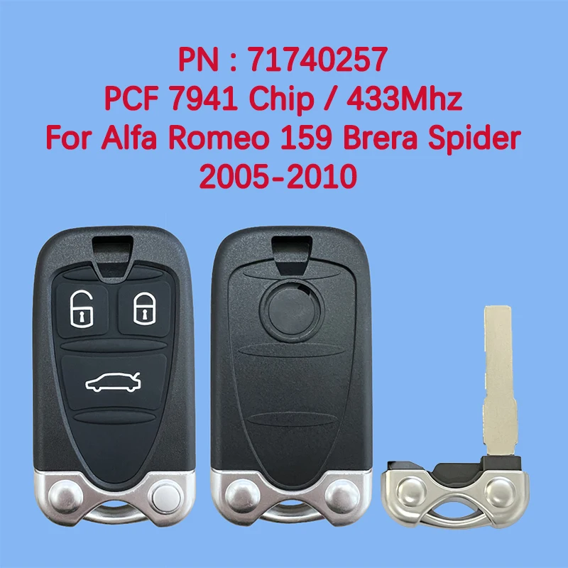 

CN092005 Aftermarket 3 Button Smart Key Fob 433MHz PN 71740257 PCF 7941 Chip For Alfa Romeo 159 Brera Spider 2005-2010