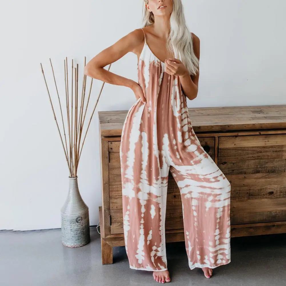 

Women Tie Dye Sling Romper Stripe Print Wide Leg Casual Jumpsuit Backless V Neck Sexy Overalls Pocket Female Loose Long Playsuit