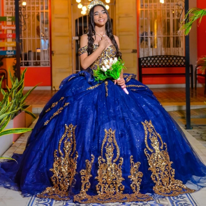

Royal Blue shiny Quinceanera Dresses Off The Shoulder Gold Applique Lace Beading Crystal Tull Corset Party Birthday Sweet 16