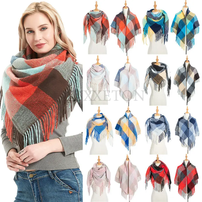 Women Knit Winter Scarf Cashmere Pashmina Female Plaid Warm Tassels Scarves Blanket Shawls Bandana Wraps Bufanda