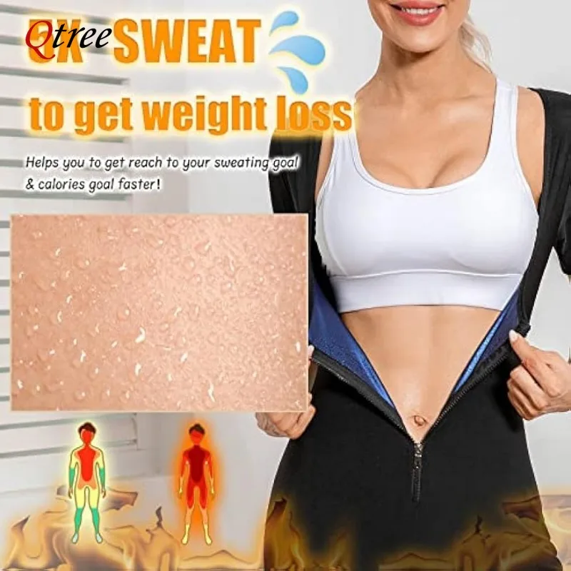 Qtree Sauna Suit for Women Weight Loss Sweat Vest Waist Trainers Belly Fat Workout 3 in 1 Full Body Shaper Zipper Tummy Control