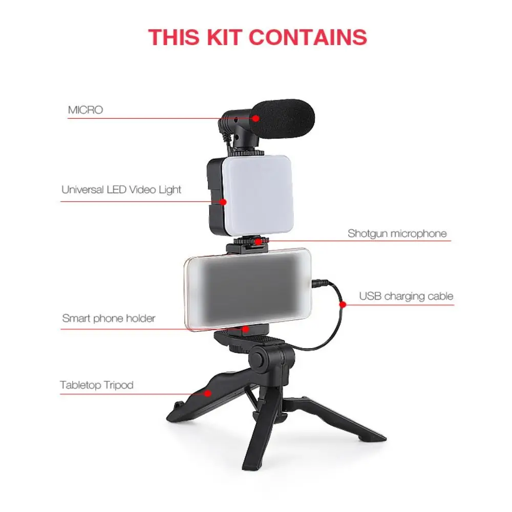Rotating LED Fill Light Desktop Stand Set Handheld Tripod with Light and Microphone Phone Stand Stabilizer Portable Versatile