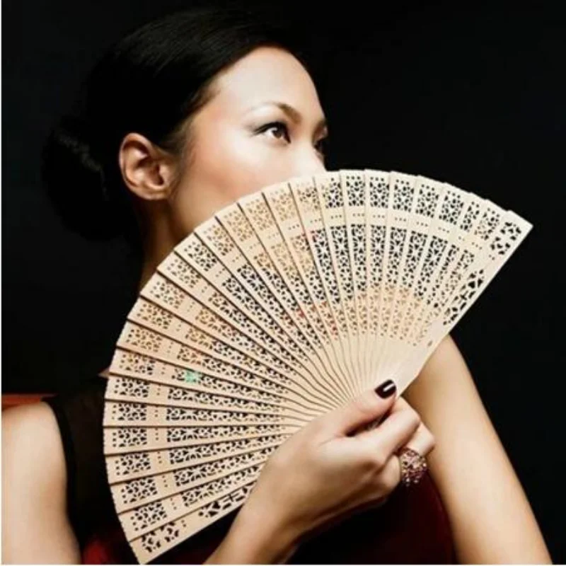 Chinese Sandalwood Scented Folding Hollow Wooden Fans Hand Held Fans