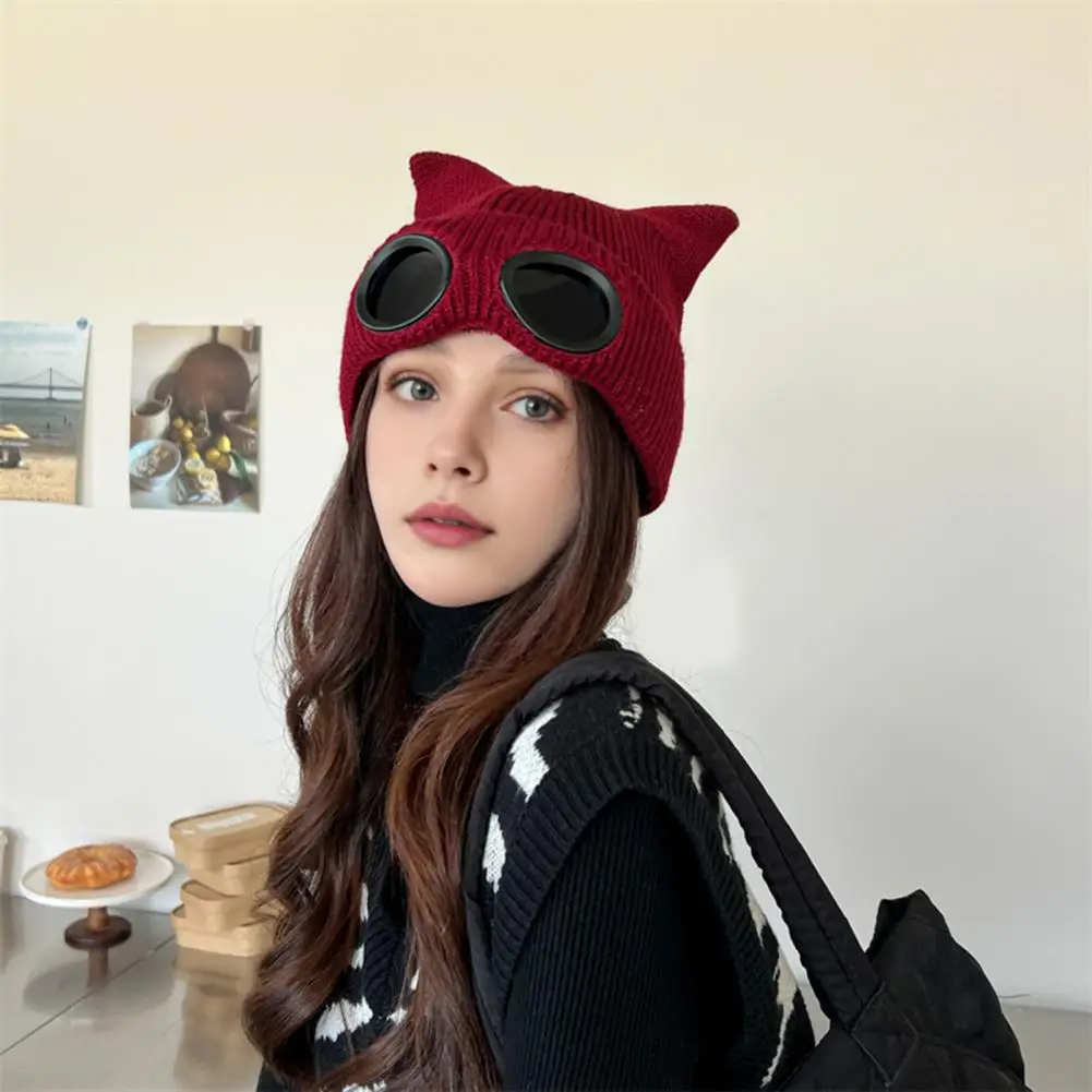 Cat Ear Cap Cute Kitty Head Winter Hat with Goggle Decor Ball Detail Windproof Demon Cap for Women Warm Anti-slip Headwear Warm