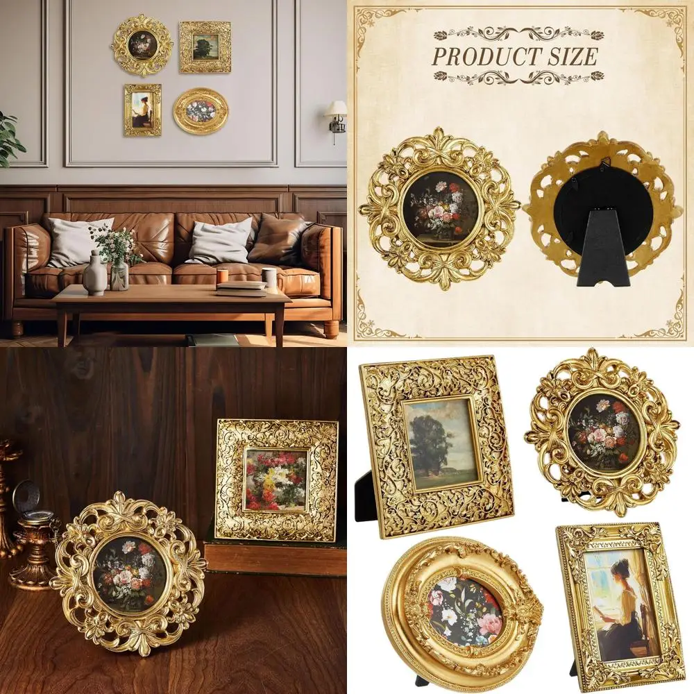 

Set of 4 Vintage-Style Picture Frames, Round & Rectangle, for Home Decor and Display