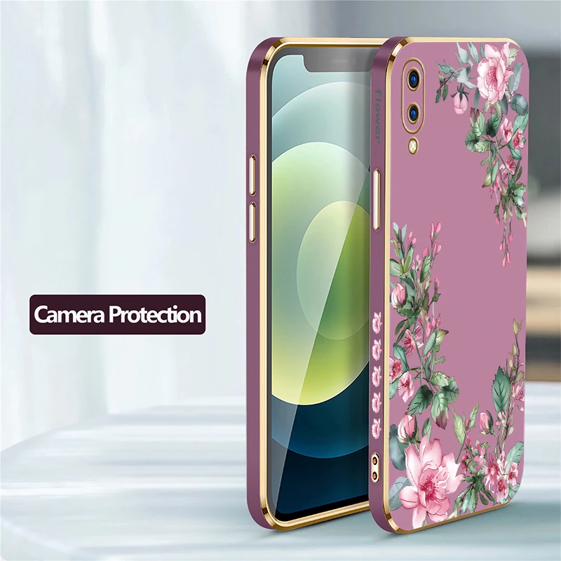 Placcatura Custodia morbida per telefono per Vivo V20 SE V17 V15 V19 Pro V9 V5 Lite V11 Custodia protettiva in silicone antiurto con motivo floreale