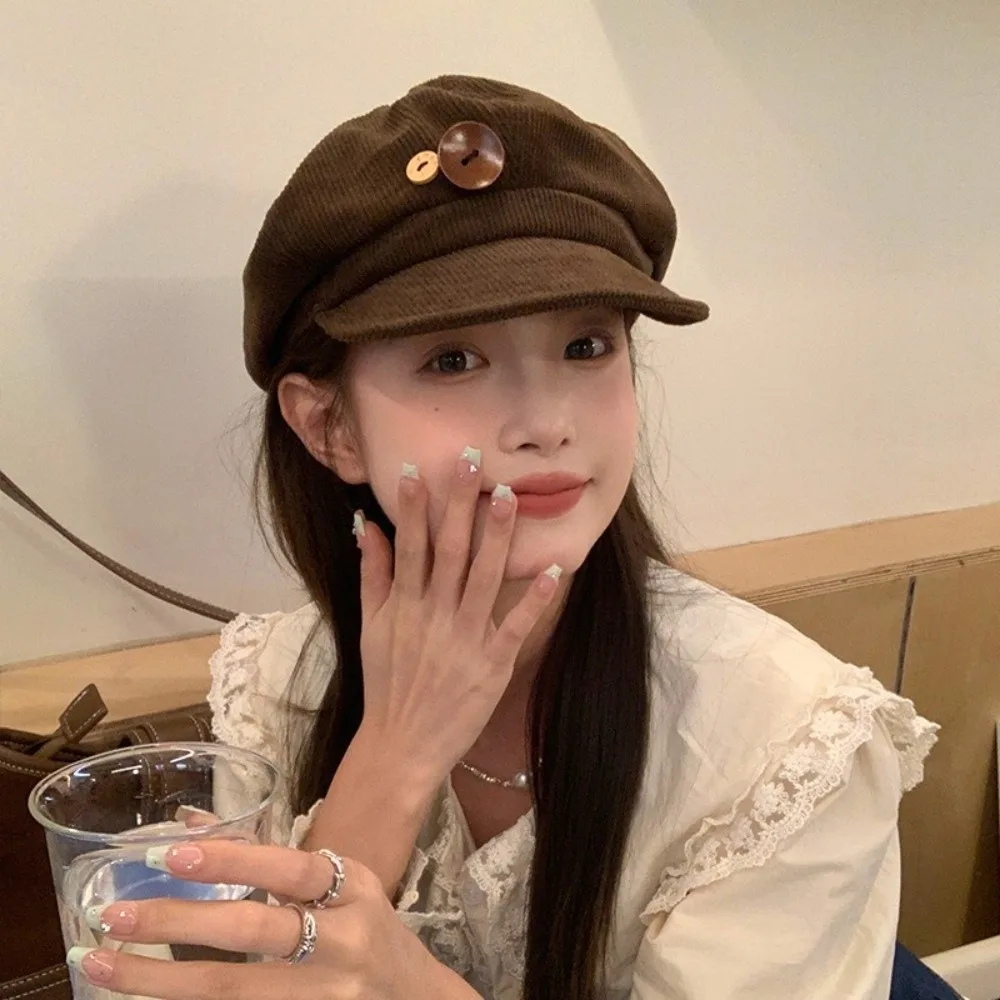 Fashion Y2k Double Button Berets Hat Harajuku JK Corduroy Baseball Cap Windproof Keep Warm Octagonal Hat Sweet