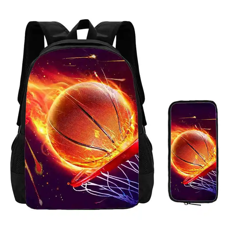 2Pcs Set Basketball Printing Pattern School Bags with Pencil Bag,Custom Image School Backpack for Boys Girls,Book Bags for Pupil