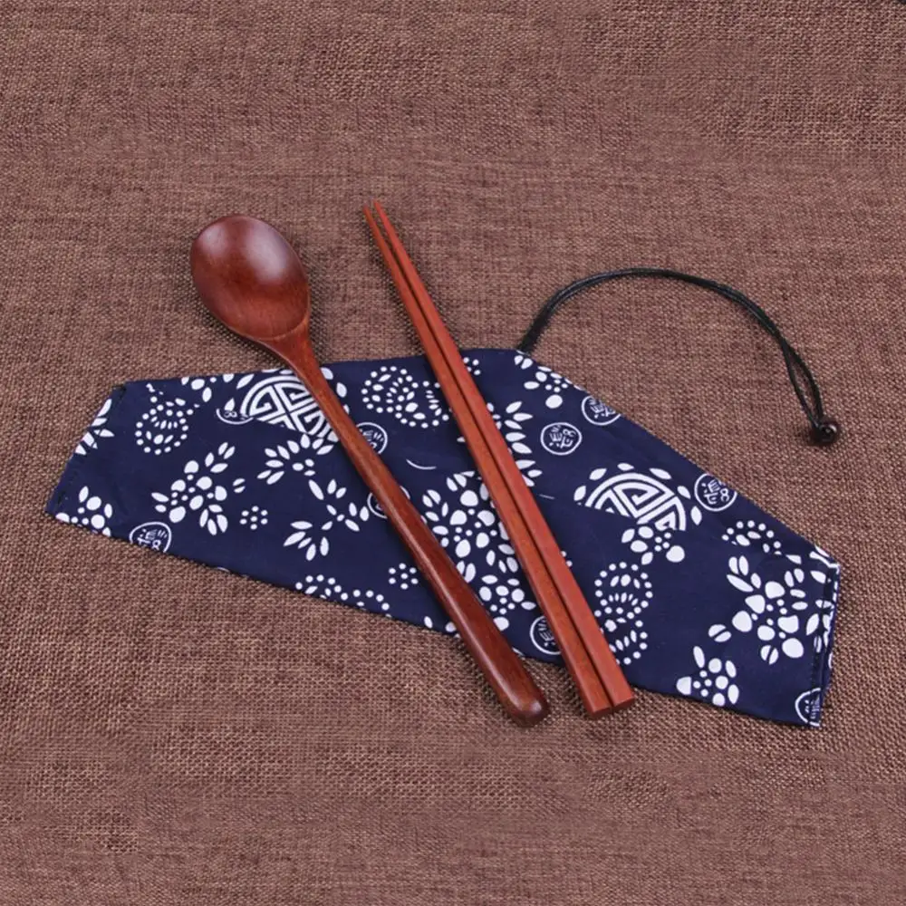 Vintage Wooden Chopsticks Spoon Portable Cutlery Tableware with Storage Bag