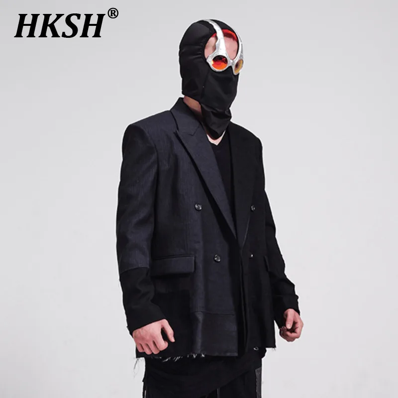 HKSH Autumn New Men's Tide  Dark Waste Land Style Wool Asymmetric Blazer Color Contrast Patchwork Chic Niche Casual Coat HK2736