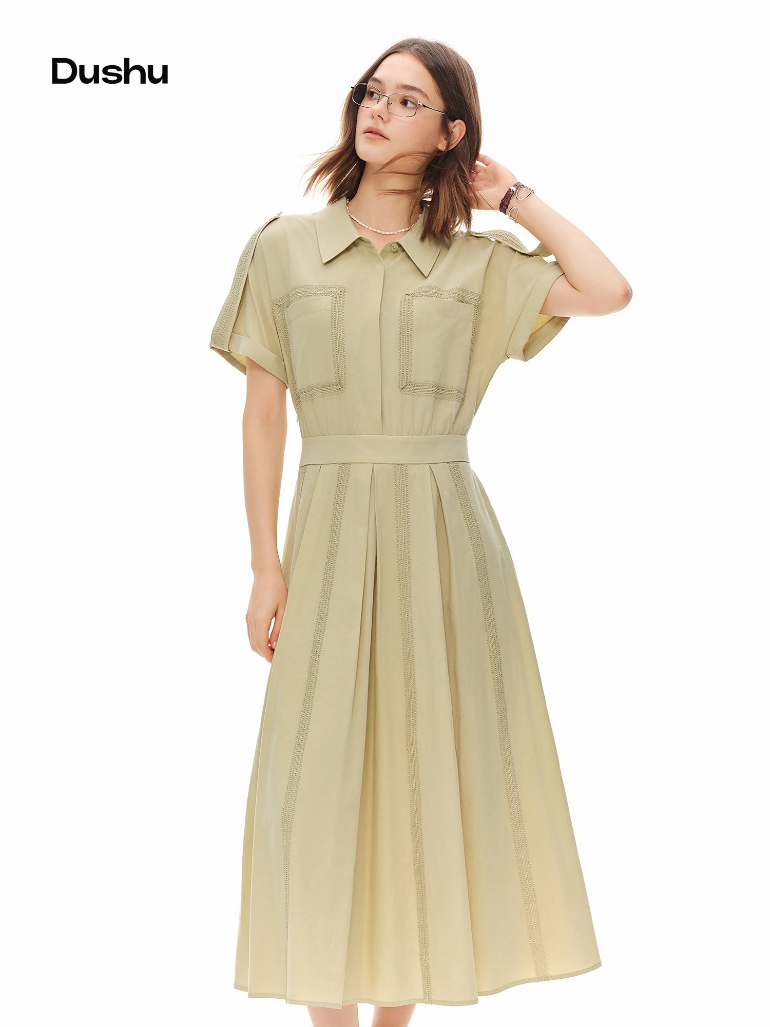 DUSHU 2026 Summer Women's Shirt Collar Midi Dress with Relaxed Fit - Sophisticated Urban Ease for Office and Daily Wear