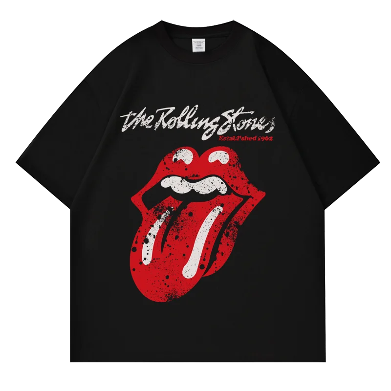 

Rock Rolling Stones Big Tongue Printing Trendy Brand T-Shirt Crew Neck Short Sleeve Cotton T-Shirt Men's and Women's Summer Top
