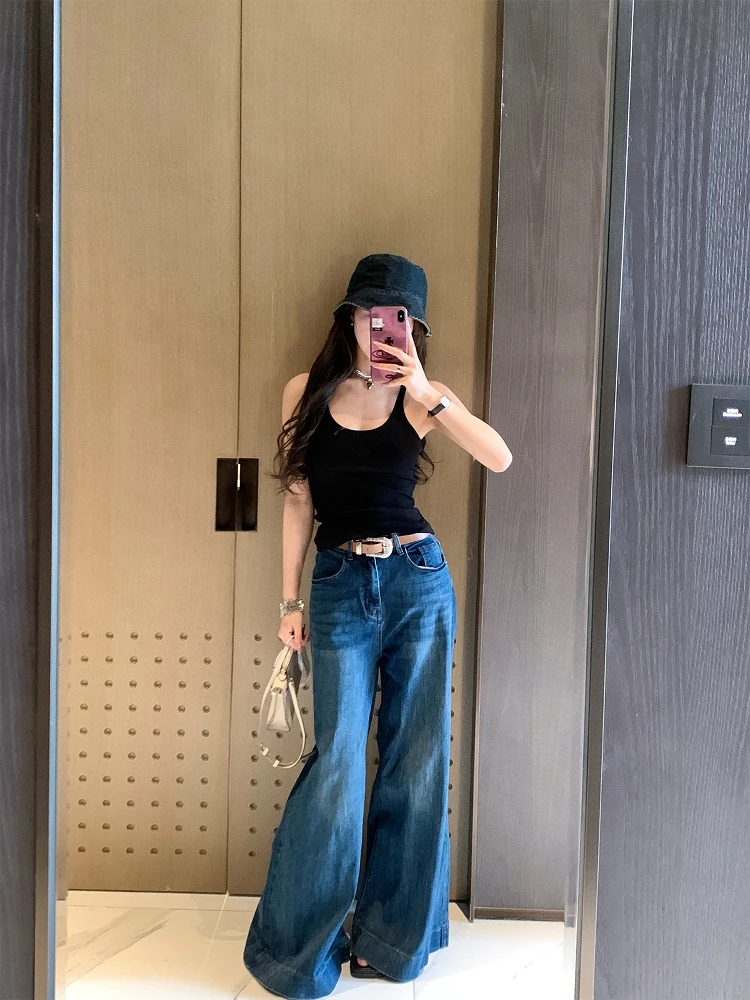 

Ретро-джинсы с широкими штанинами, женские, летние, новые, элегантные, драпированные, прямые, повседневные, длинные брюки с высокой талией и застежкой на пуговицы